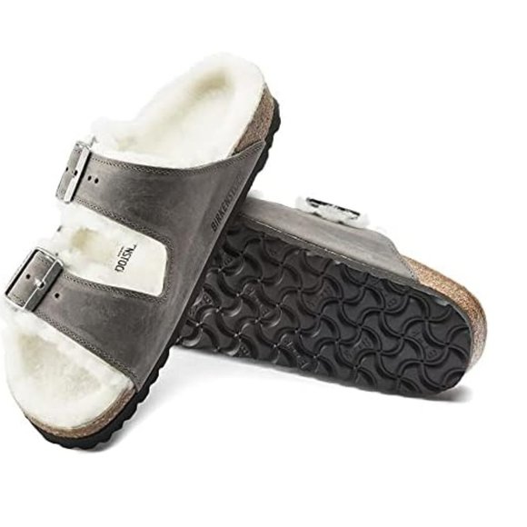 NWB! Birkenstock Men's Arizona Shearling Sandals, Iron/Natural, Grey, Tan,  8 US - Picture 2 of 9